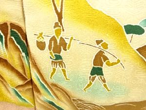 アンティーク　時代人物風景模様五つ紋着物(重ね衿付き)